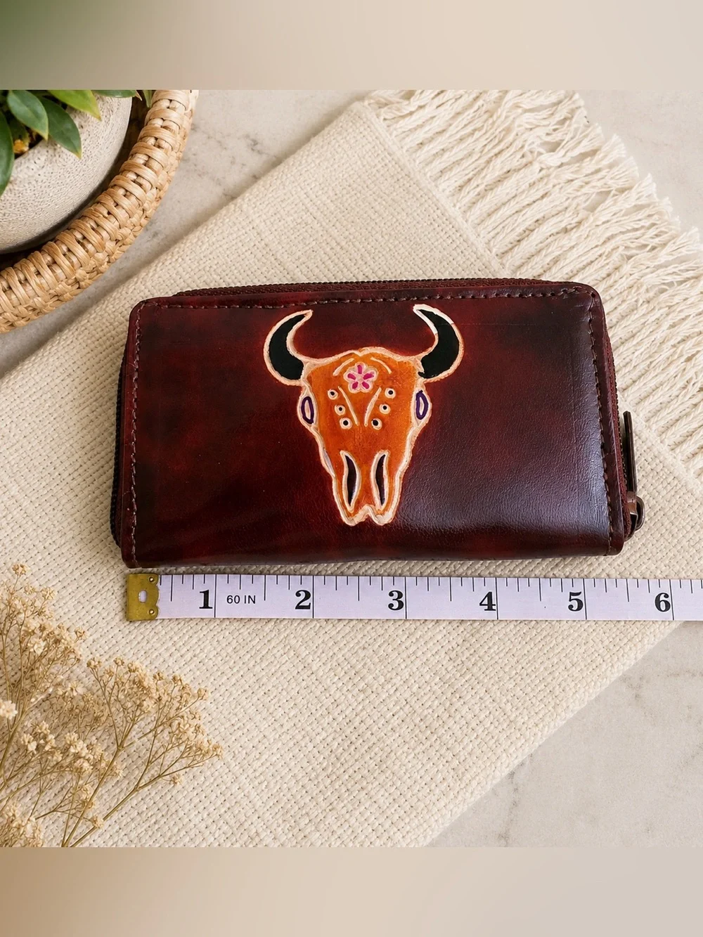 Boho Western Bull Skull Zip Around Wallet